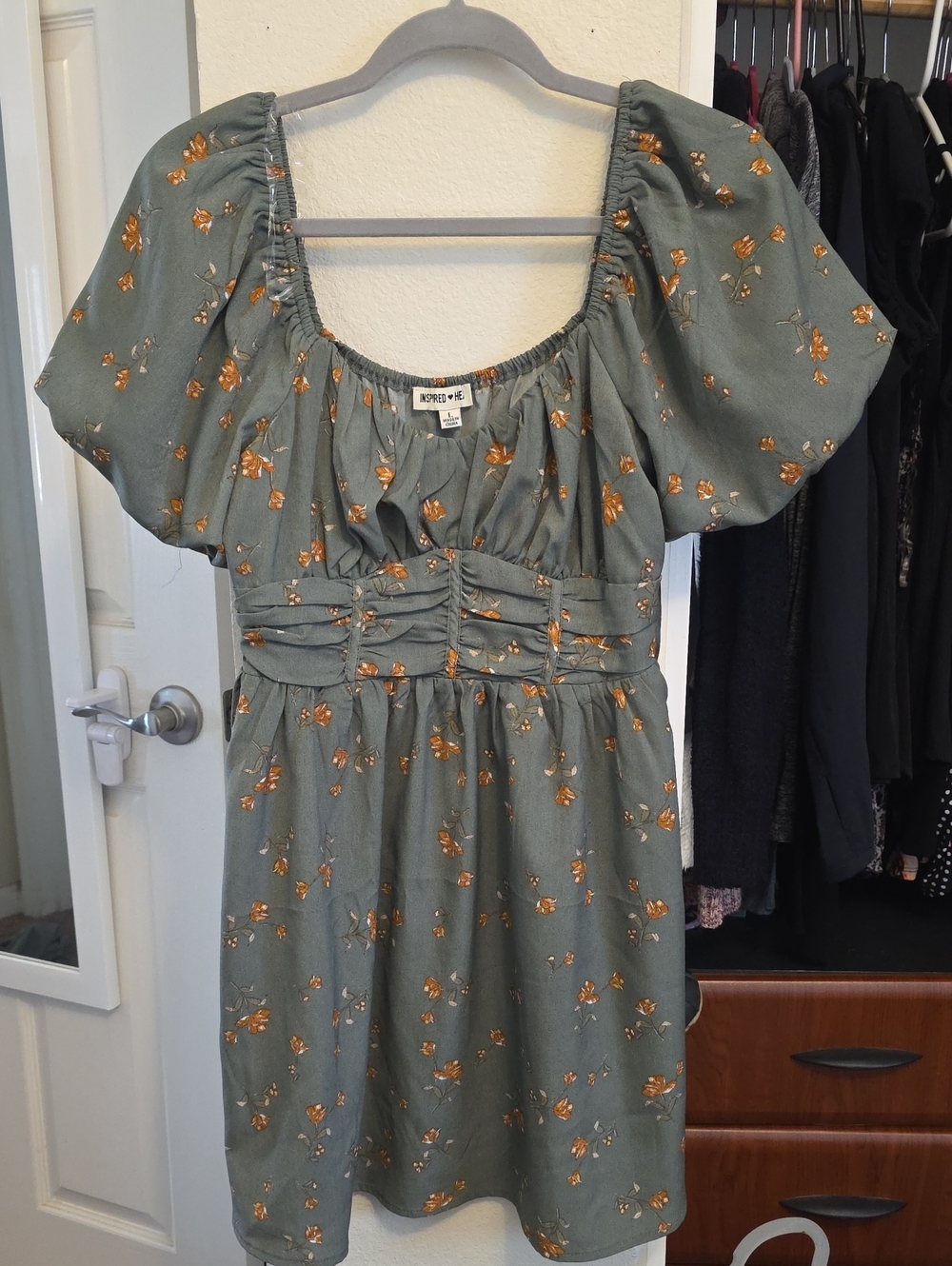 Inspired Hearts Olive Green Mini Dress with Gold Floral Print